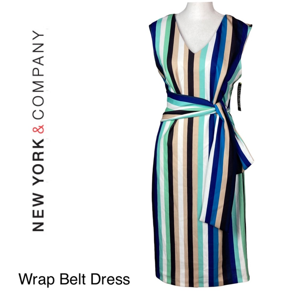 NWT New York & Company womens Stretch Striped Belted Dress size Small